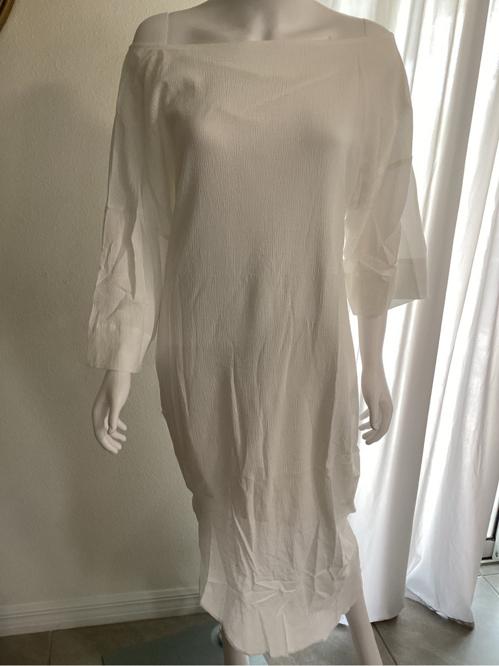 Modesees Women White Ivory Oversized Dress Textured Loose Casual Midi S